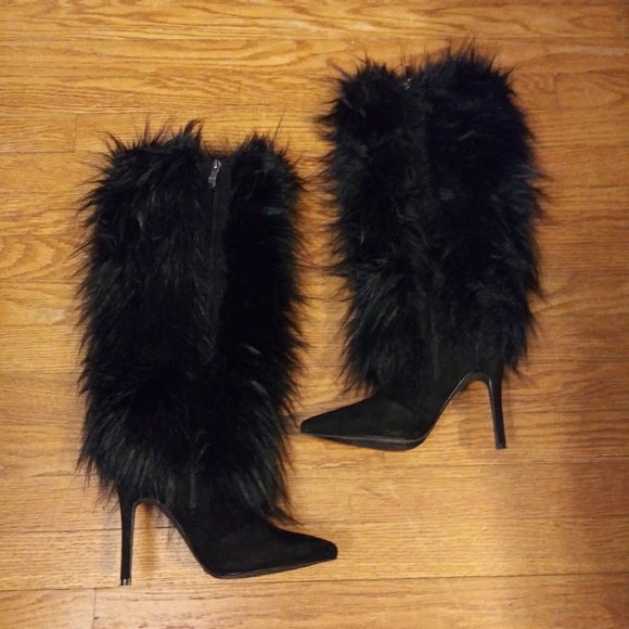 black fur heel boots